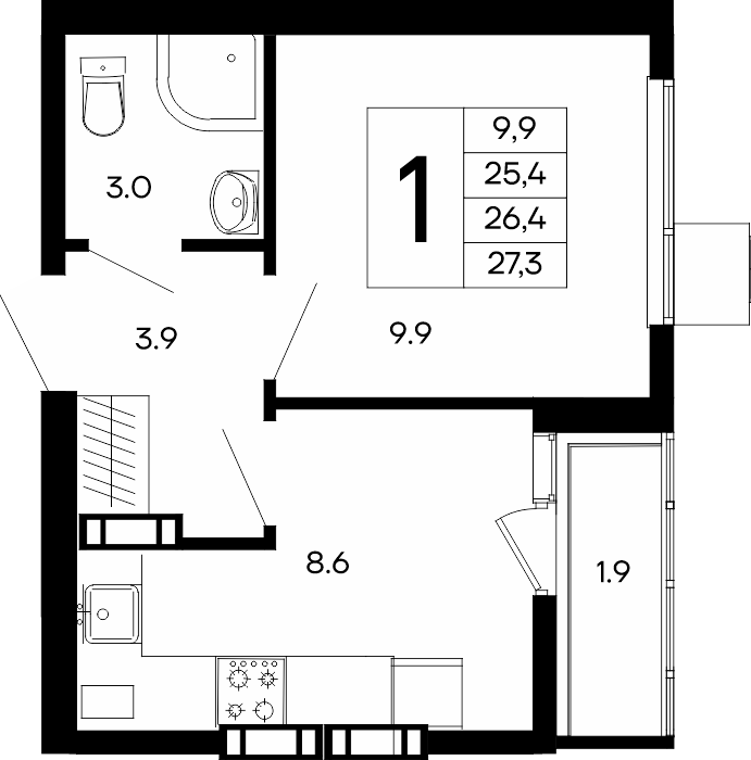1-к, 27.3 м² · Небо