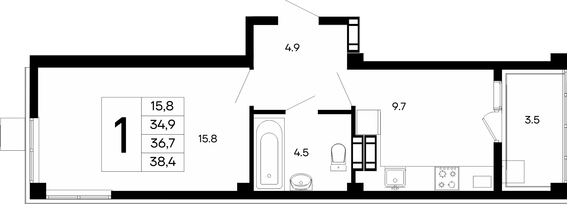 1-к, 38.4 м² · Небо