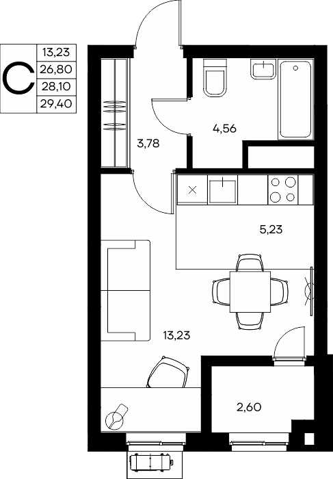 Студия, 29.4 м² · Прибрежный Дом
