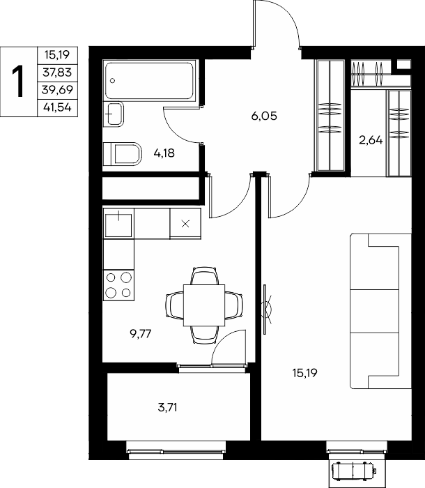 1-к, 41.79 м² · Прибрежный Дом