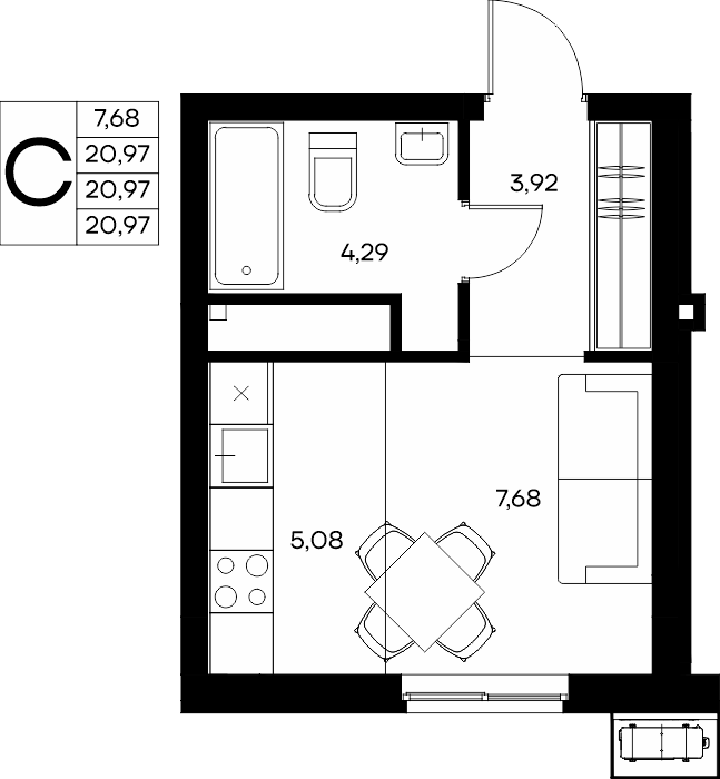 Студия, 21.79 м² · Прибрежный Дом