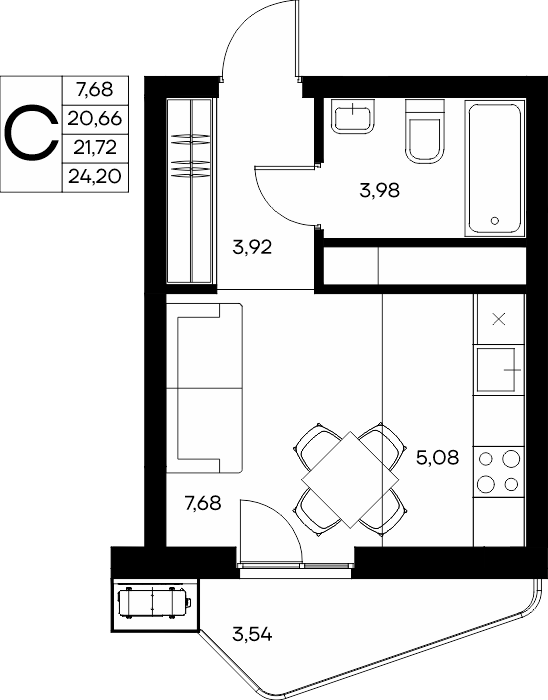 Студия, 24.2 м² · Прибрежный Дом