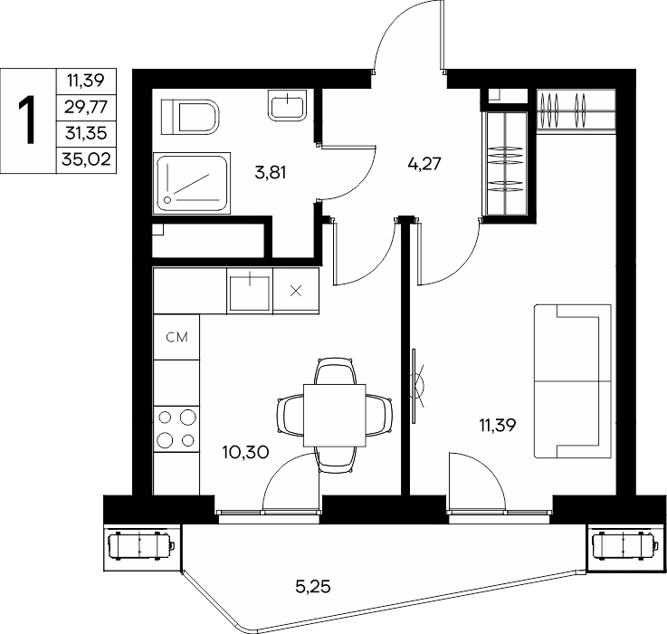 1-к, 34.93 м² · Прибрежный Дом