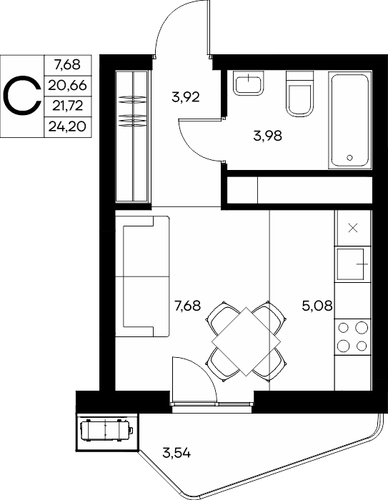 Студия, 24.2 м² · Прибрежный Дом
