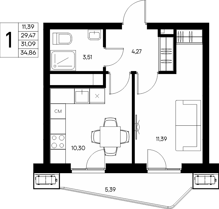 1-к, 34.77 м² · Прибрежный Дом
