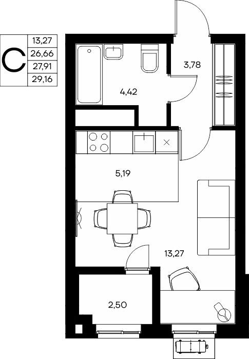 Студия, 29.16 м² · Прибрежный Дом