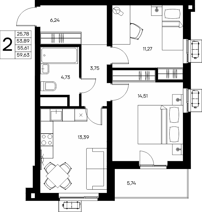 2-к, 60.22 м² · Прибрежный Дом
