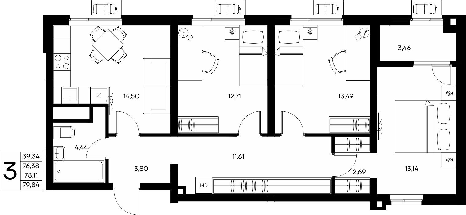 3-к, 79.84 м² · Прибрежный Дом