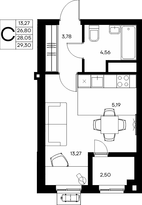 Студия, 29.3 м² · Прибрежный Дом