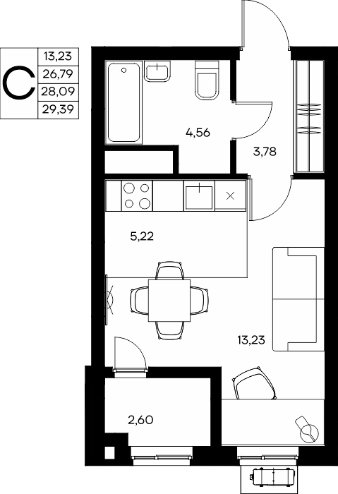 Студия, 29.39 м² · Прибрежный Дом