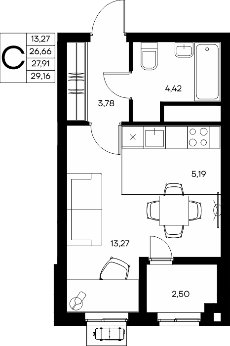 Студия, 29.16 м² · Прибрежный Дом