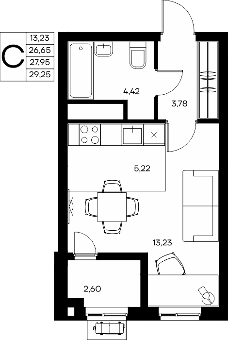 Студия, 29.25 м² · Прибрежный Дом
