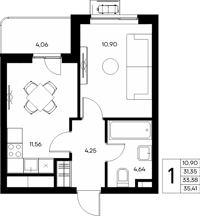 1-к, 35.65 м² · Прибрежный Дом