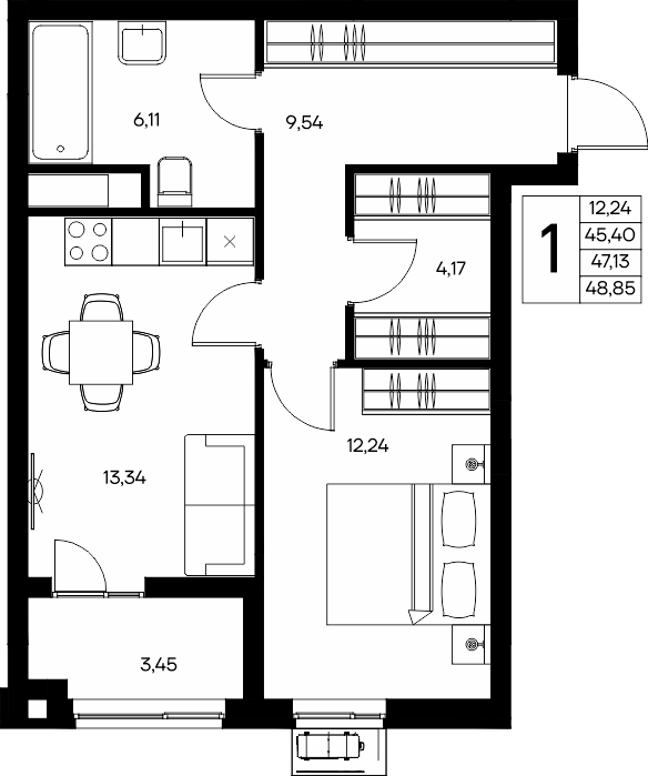1-к, 48.69 м² · Прибрежный Дом