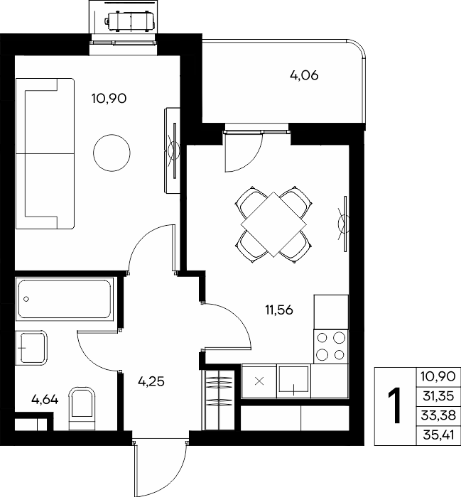 1-к, 35.63 м² · Прибрежный Дом