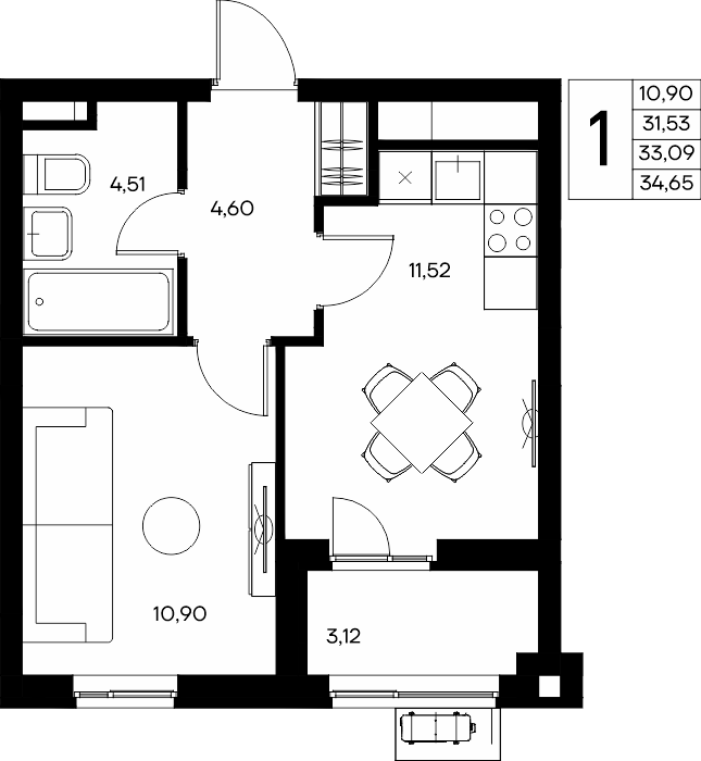 1-к, 34.97 м² · Прибрежный Дом