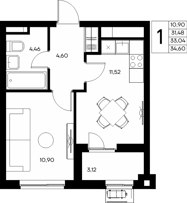 1-к, 34.92 м² · Прибрежный Дом