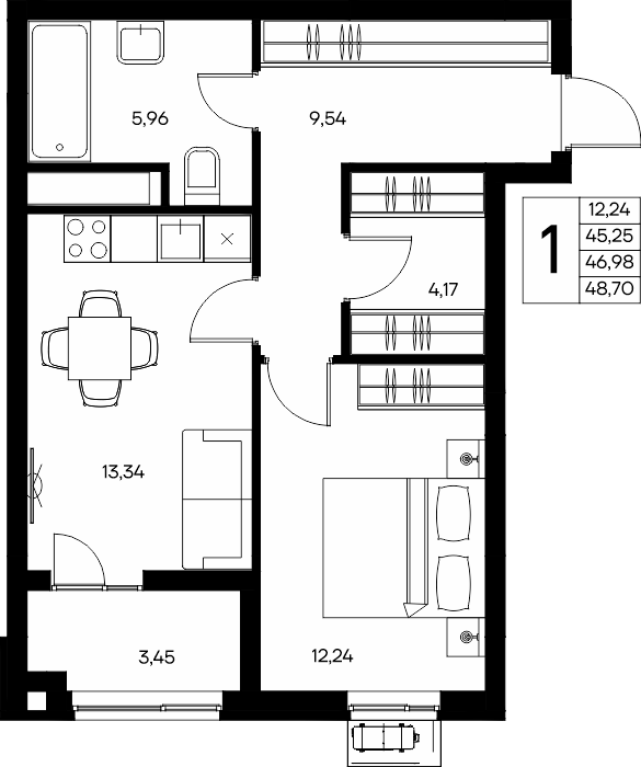 1-к, 48.58 м² · Прибрежный Дом