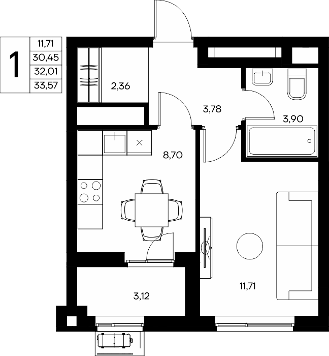 1-к, 33.57 м² · Прибрежный Дом