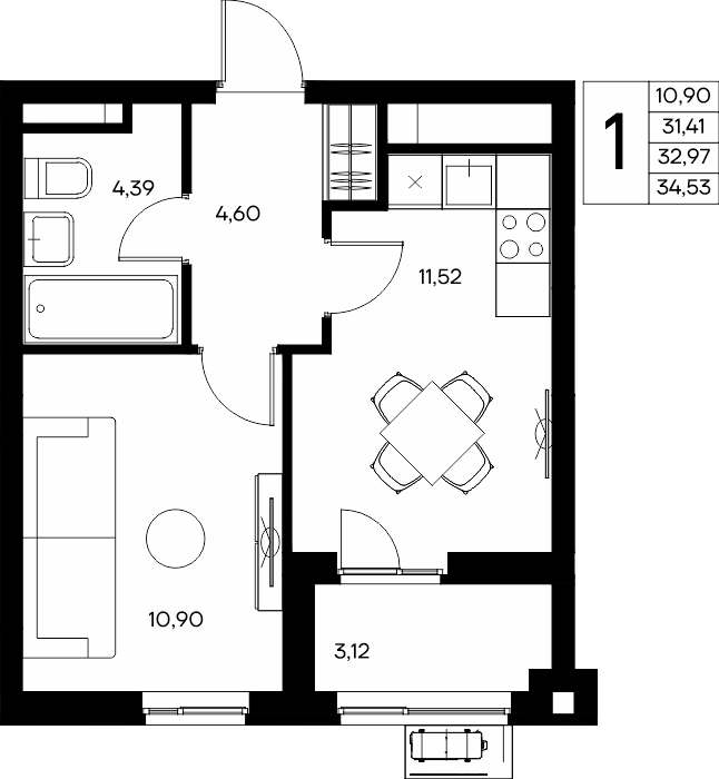 1-к, 34.84 м² · Прибрежный Дом