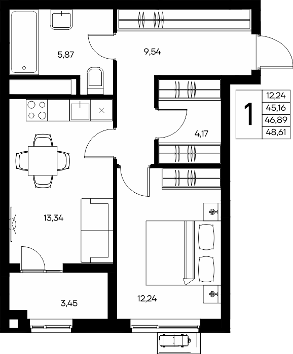 1-к, 48.46 м² · Прибрежный Дом