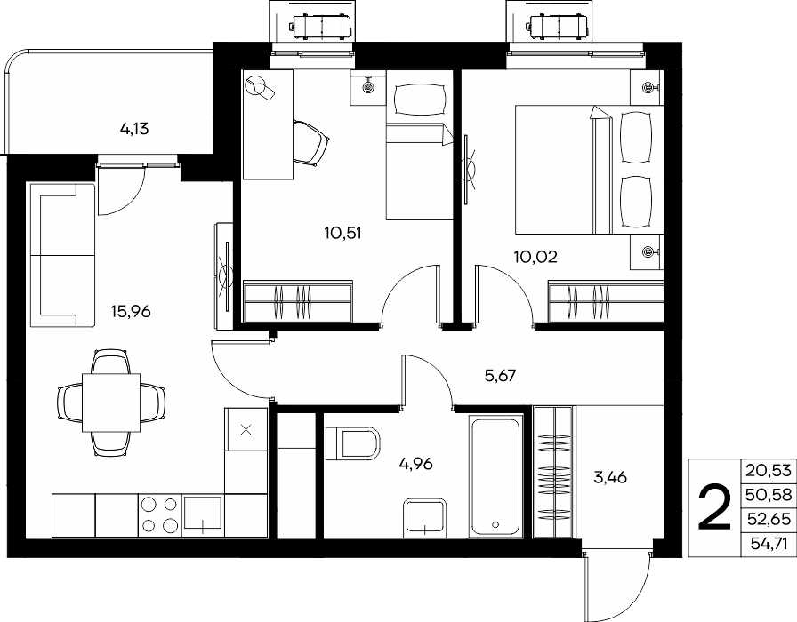 2-к, 54.71 м² · Прибрежный Дом