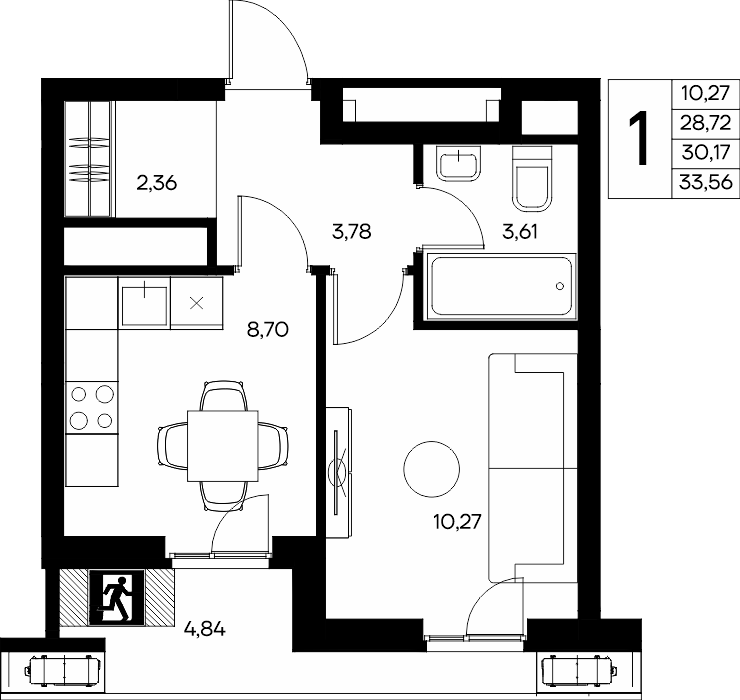 1-к, 33.56 м² · Прибрежный Дом