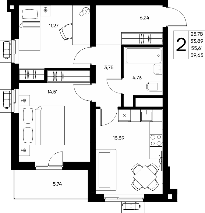 2-к, 60.22 м² · Прибрежный Дом