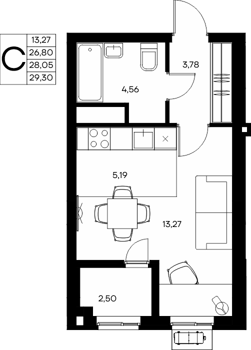 Студия, 29.3 м² · Прибрежный Дом