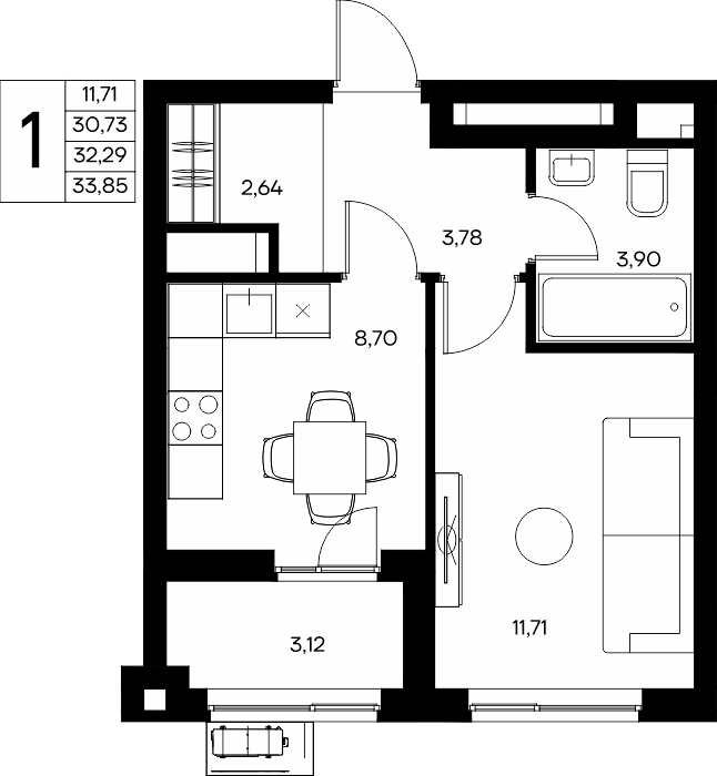 1-к, 33.85 м² · Прибрежный Дом