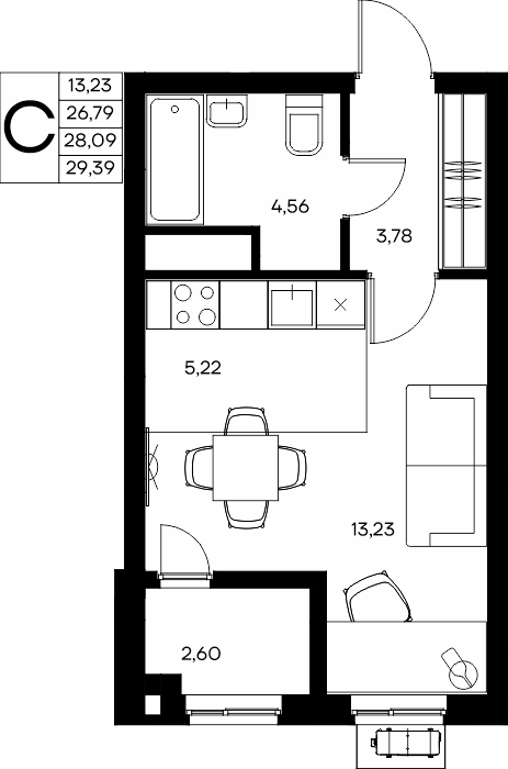 Студия, 29.39 м² · Прибрежный Дом