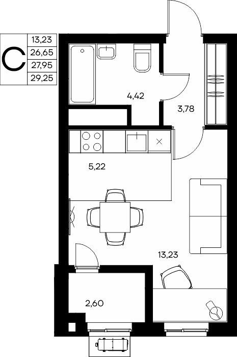 Студия, 29.25 м² · Прибрежный Дом