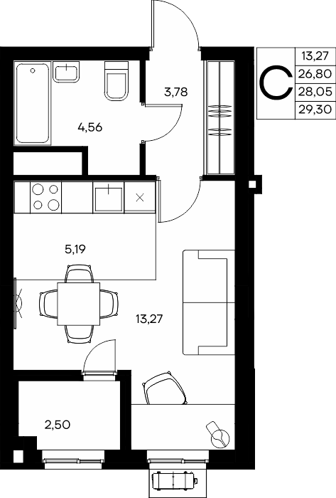 Студия, 29.3 м² · Прибрежный Дом
