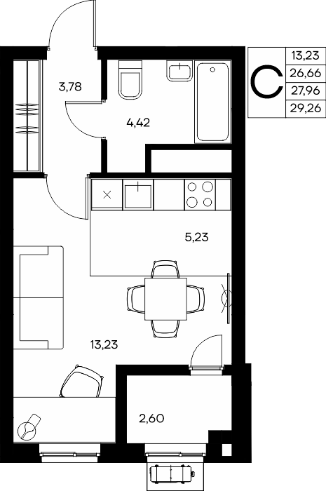 Студия, 29.26 м² · Прибрежный Дом