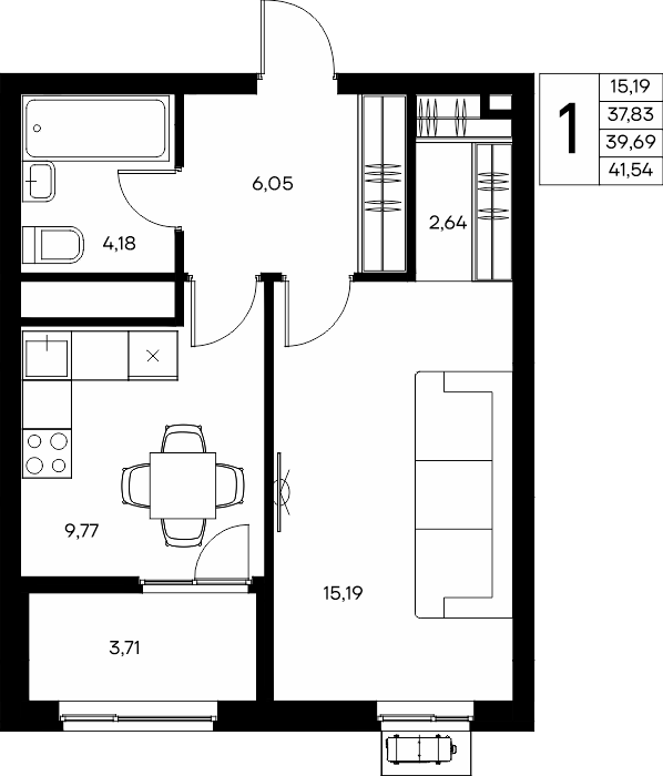 1-к, 41.78 м² · Прибрежный Дом