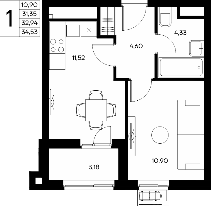 1-к, 34.53 м² · Прибрежный Дом