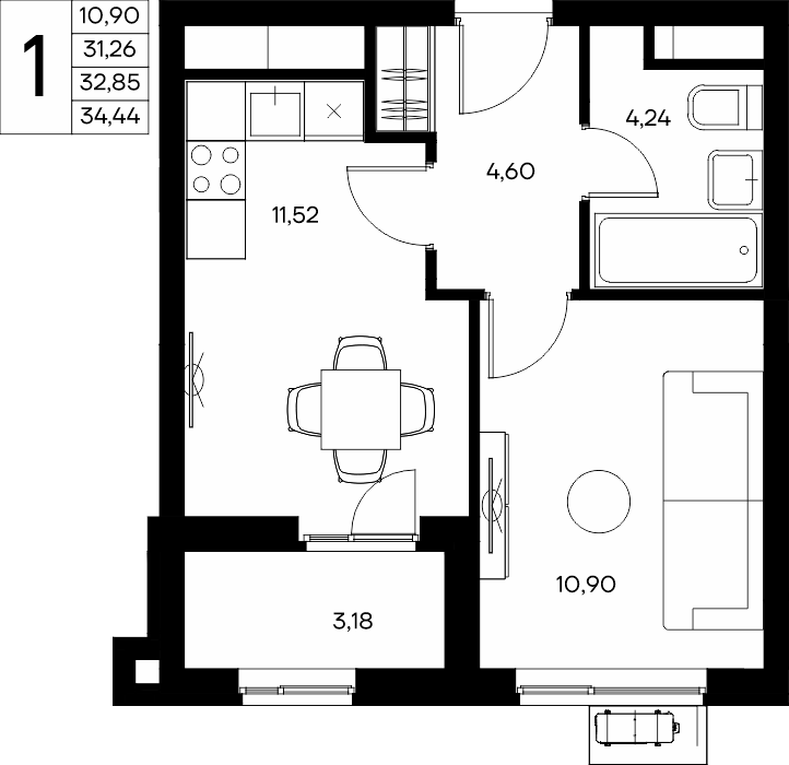 1-к, 34.44 м² · Прибрежный Дом