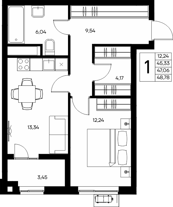 1-к, 48.58 м² · Прибрежный Дом