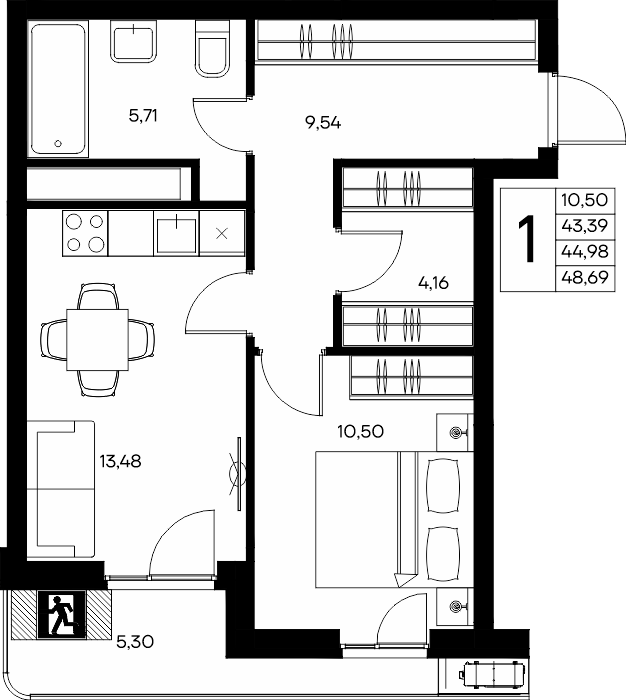 1-к, 48.37 м² · Прибрежный Дом