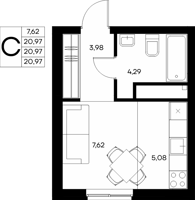 Студия, 21.79 м² · Прибрежный Дом