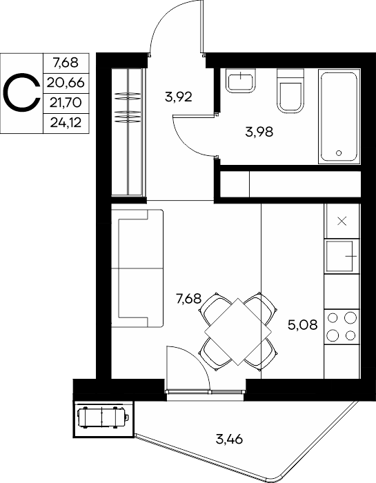 Студия, 24.12 м² · Прибрежный Дом