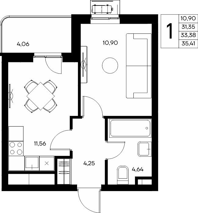 1-к, 35.63 м² · Прибрежный Дом