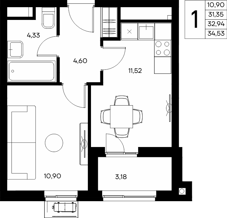 1-к, 34.53 м² · Прибрежный Дом
