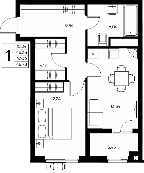 1-к, 48.58 м² · Прибрежный Дом