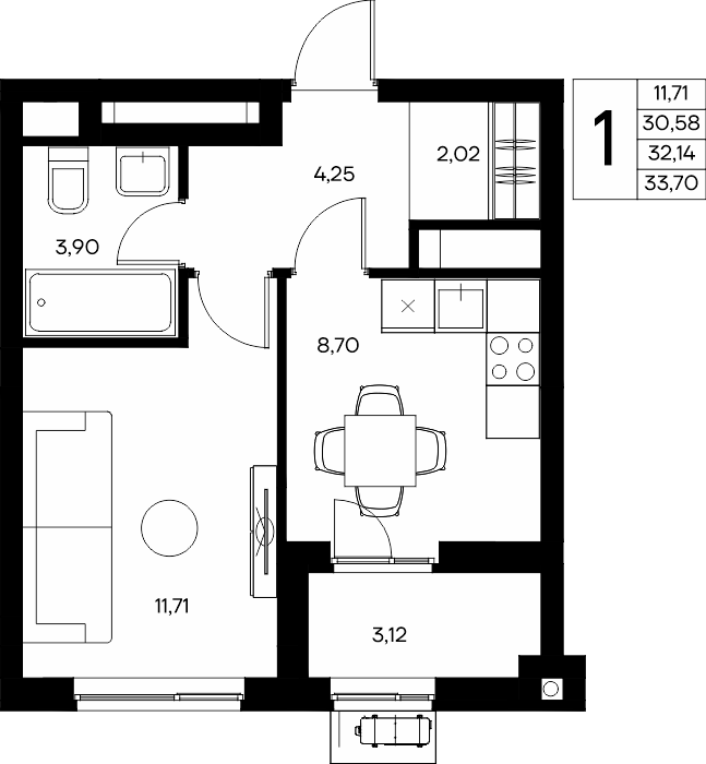 1-к, 33.7 м² · Прибрежный Дом
