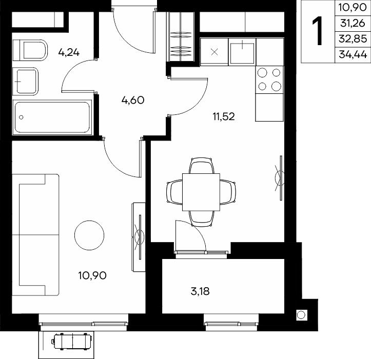 1-к, 34.44 м² · Прибрежный Дом