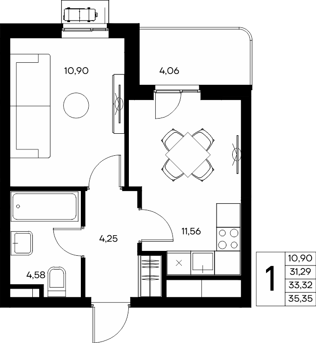 1-к, 35.49 м² · Прибрежный Дом