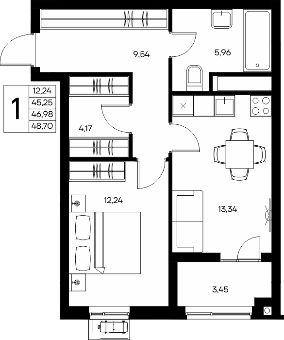 1-к, 48.58 м² · Прибрежный Дом