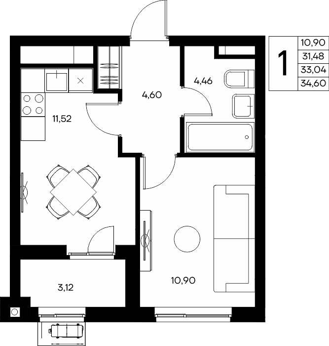 1-к, 34.92 м² · Прибрежный Дом