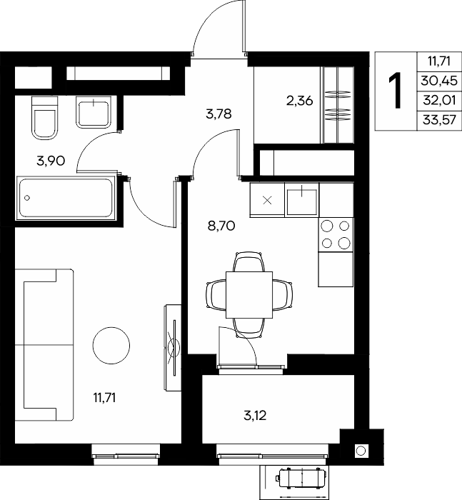 1-к, 33.57 м² · Прибрежный Дом